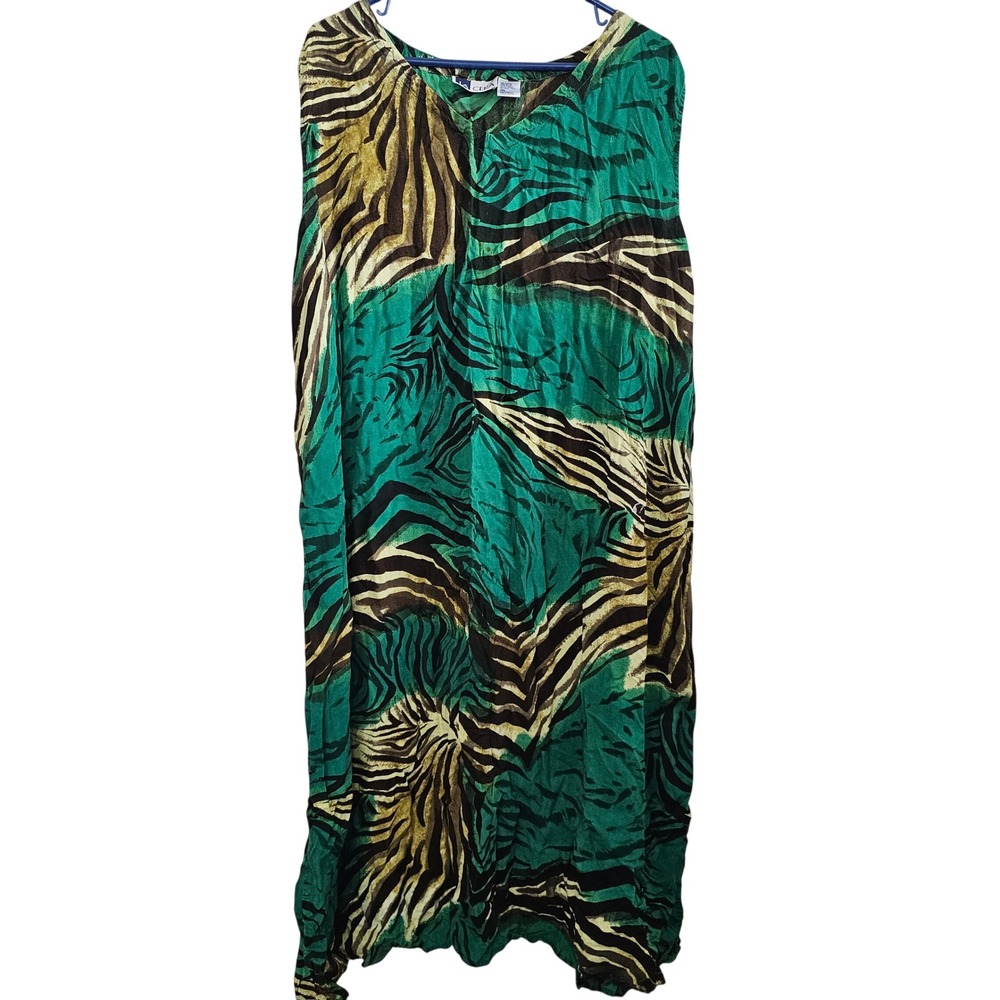 La Cera Green Tiger Stripe Animal Print Rayon Sleeveless Maxi Dress 2XL‎